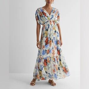 Floral Draped Sleeve Pleated Maxi Dress